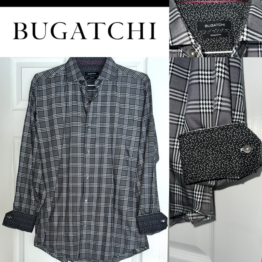 Bugatchi NWOT Men's Black and White Plaid Shirt